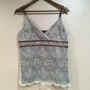 Daisy Fuentes Babydoll Lace Cami Tank Top Women Lโ Brown White Crochet Y2K Boho